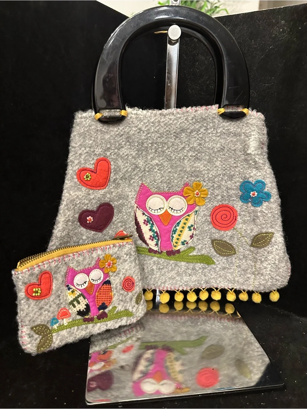 Felted Owl # 320 Applique Tote with Matching Wristlet - Yellow Accents